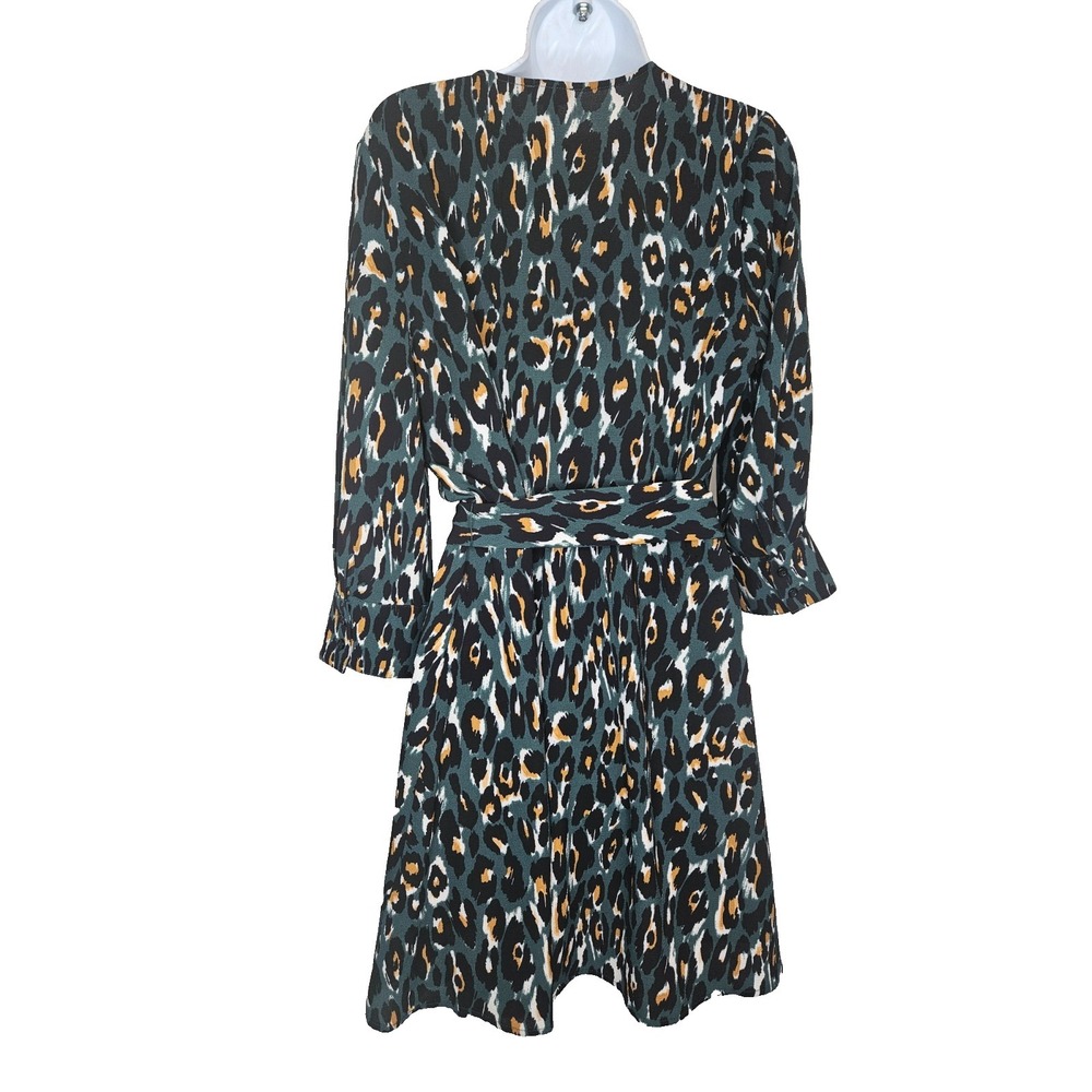 Express Leopard Dress Green Gold V Neck Belted Stretch S Feminine Workwear - Picture 2 of 6